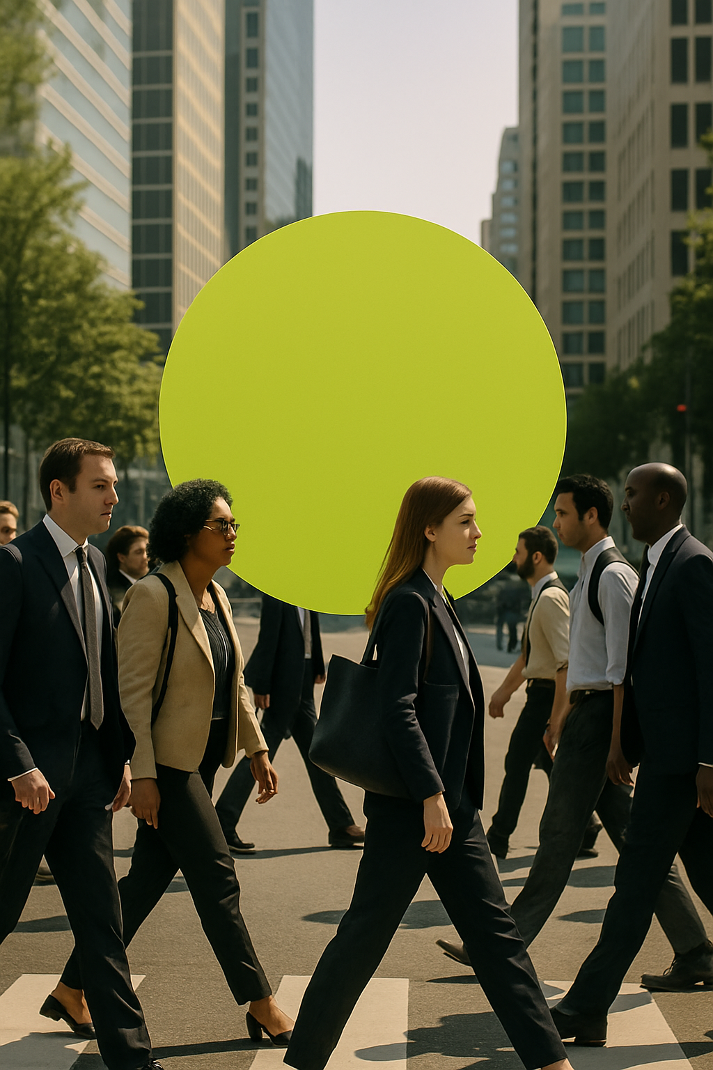 People walking in business district with neon green circle overlay