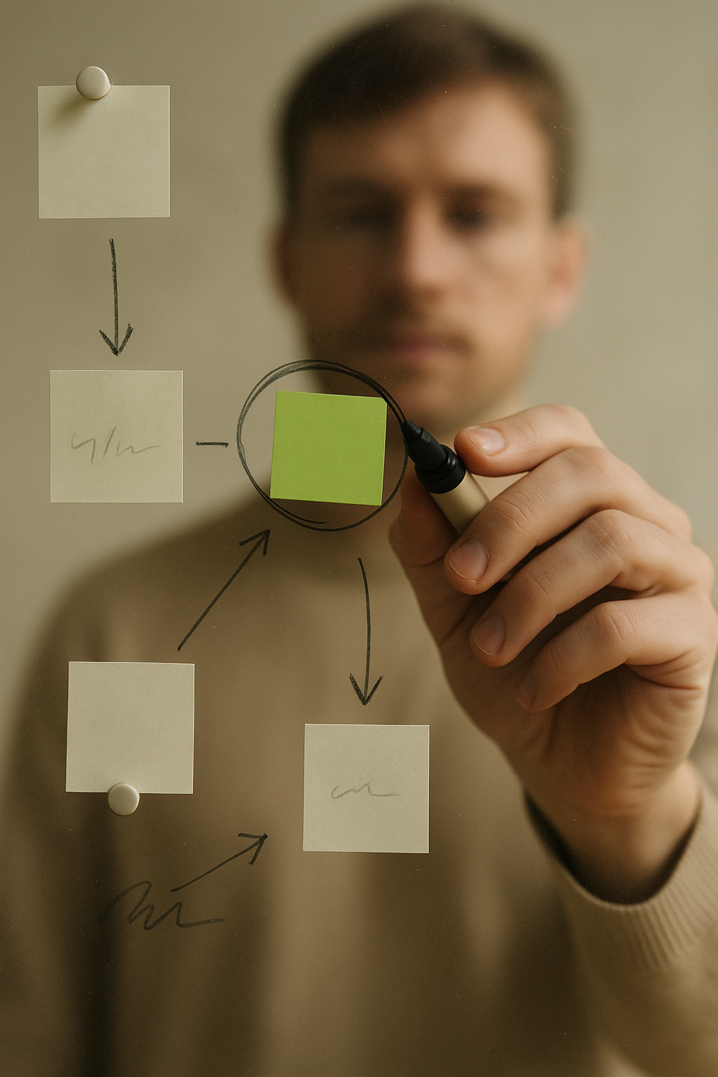 Person examining sticky notes with magnifying glass