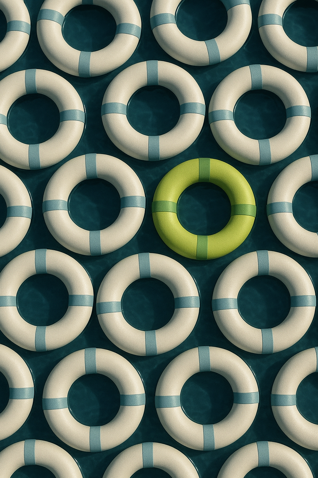 One neon green life ring standing out among white ones